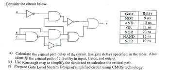 Consider the circuit below.
A
B
C
Gate
Delay
NOT
9 ns
AND
13 ns
OR
11 ns
XOR
23 ns
NAND
12 ns
NOR
10 ns
a) Calculate the critical path delay of the circuit. Use gate delays specified in the table. Also
identify the critical path of circuit by its input, Gates, and output.
b) Use Karnaugh map to simplify the circuit and re-calculate the critical path.
c) Prepare Gate Level System Design of simplified circuit using CMOS technology.