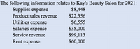 The following information relates to Kay's Beauty Salon for 2021:
$8,448
$22,356
$6,555
$35,000
$99,113
$60,000
Supplies expense
Product sales revenue
Utilities expense
Salaries expense
Service revenue
Rent expense
