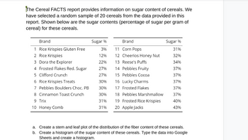 The Cereal FACTS report provides information on sugar content of cereals. We
have selected a random sample of 20 cereals from the data provided in this
report. Shown below are the sugar contents (percentage of sugar per gram of
cereal) for these cereals.
Brand
1 Rice Krispies Gluten Free
2 Rice Krispies
3 Dora the Explorer
4 Frosted Flakes Red. Sugar
5 Clifford Crunch
6 Rice Krispies Treats
7 Pebbles Boulders Choc. PB
8 Cinnamon Toast Crunch
9 Trix
10 Honey Comb
Sugar %
3%
12%
22%
27%
27%
30%
30%
30%
31%
31%
Brand
11 Corn Pops
12 Cheerios Honey Nut
13 Reese's Puffs
14 Pebbles Fruity
15 Pebbles Cocoa
16 Lucky Charms
17 Frosted Flakes
18 Pebbles Marshmallow
19 Frosted Rice Krispies
20 Apple Jacks
Sugar %
31%
32%
34%
37%
37%
37%
37%
37%
40%
43%
a. Create a stem and leaf plot of the distribution of the fiber content of these cereals.
b. Create a histogram of the sugar content of these cereals. Type the data into Google
Sheets and create a histogram.