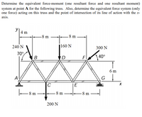 Determine the equivalent force-moment (one resultant force and one resultant moment)
system at point A for the following truss. Also, determine the equivalent force system (only
one force) acting on this truss and the point of intersection of its line of action with the x-
axis.
У
4 m
-8 m
8 m
240 N
160 N
300 N
70°
В
F
40°
6 m
A
G
C
E
X
8 m
8 m
-8 m
200 N
