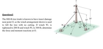 Question3
The 800-lb tree trunk is known to have insect damage
near point O, so the winch arrangement shown is used
to fell the tree with no cutting. If winch W₁ is
tightened to 200 lb and winch W₂ to 300 lb, determine
the force and moment reactions at O.
W₁ 25'
E
B
A
30°
20
10'
W₂
16'
D