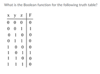 What is the Boolean function for the following truth table?
y
F
0 0
1
1
1
1
1
1
0 0
1
1
1
1
1
1
1
1
