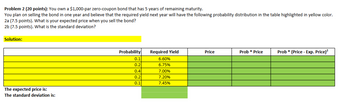 Problem 2 (20 points): You own a $1,000-par zero-coupon bond that has 5 years of remaining maturity.
You plan on selling the bond in one year and believe that the required yield next year will have the following probability distribution in the table highlighted in yellow color.
2a (7.5 points). What is your expected price when you sell the bond?
2b (7.5 points). What is the standard deviation?
Solution:
The expected price is:
The standard deviation is:
Probability
Required Yield
Price
Prob * Price
Prob* (Price - Exp. Price)²
0.1
6.60%
0.2
6.75%
0.4
7.00%
0.2
7.20%
0.1
7.45%