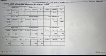 QUERIMIE
On January 1, 2020, Power Company purchased a one-year insurance policy for $2,400. When the company closes its books and prepares financial statements at the end of
January, what entry should be made regarding this item on January 31, 2020?
OA
Balance sheet
Income statement
Liabilities
Expenses
+2,400
OB
OC
OD
Assets
+2,400
Balance sheet
Assets Liabilities SE
-2.400
-2600
-200
SE
-200
-200
Balance sheet
Assets Liabilities SE
-200
Revenue
Balance sheet
Assets Liabilities SE Revenue Expenses NI
-200
Income statement
Revenue Expenses NI
Income statement
Moving to another question will save this response.
NI
+200
Income statement
Revenue Expenses NI
+200
-200
-200
Cash flow statement
Expenses
+2,400
Revenue
Cash flow statement
Revenue
Cash flow statement
Revenue
Expenses
NI
+2,600 -2,600
Expenses
+200
NI
-2,400
Cash flow statement
NI
-200
Revenue Expenses NI
Question 11 c