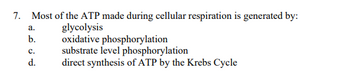 7. Most of the ATP made during cellular respiration is generated by:
glycolysis
oxidative phosphorylation
substrate level phosphorylation
direct synthesis of ATP by the Krebs Cycle
a.
b.
C.
d.