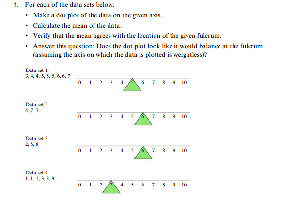 1. For each of the data sets below
Make a dot plot of the data on the given axis.
Calculate the mean of the data
Verify that the mean agrees with the location of the given fulcrum
Answer this question: Does the dot plot look like it would balance at the fulcrum
(assuming the axis on which the data is plotted is weightless)?
Data set 1
3, 4, 4, 5, 5, 5, 6, 6, 7
0 1
2
3
4
6 7 8 9 10
Data set 2:
4, 7,7
0 1
2
3
4
5
6
7 8 9 10
Data set 3
2, 8, 8
0 1
2
3
5
6
7
8 9 10
4
Data set 4
1, 3,3,9
0 2
3
5
7
4
8 9 10
