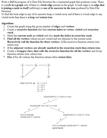 **Title: Detecting Cycles in a Graph Using Java**

**Objective:**
This tutorial guides you through writing a Java program to detect cycles in a graph using a data file structure. This approach is particularly useful for examining connected graphs that can be represented as trees.

**Definitions:**
- **Cycle in a Graph:** This occurs if there is a back edge present. A back edge connects a node to itself (self-loop) or to one of its ancestors in the graph structure.
- **Back Edge:** An edge linking a node to an ancestor node in the tree, indicating a cycle.

**Algorithm:**

1. **Graph Creation:**
   - Begin by constructing the graph using a specified number of edges and vertices.

2. **Recursive Function:**
   - Implement a recursive function that accepts the current index (vertex), a visited tracker, and a recursion stack.

3. **Mark Visited Nodes:**
   - As you traverse, mark the current node as visited.
   - Additionally, record the node in the recursion stack.

4. **Explore Adjacent Vertices:**
   - Identify all unvisited vertices adjacent to the current node.
   - Recursively call the function on these vertices.
   - If a recursive call detects a cycle, return `true`.

5. **Check for Back Edges:**
   - If adjacent vertices are already in the recursion stack, a cycle exists. Return `true`.

6. **Wrapper Class:**
   - Design a wrapper class to execute the recursive function for all vertices.
   - If any vertex function returns `true`, confirm a cycle and return `true`.

7. **Cycle Absence:**
   - If the function finishes and no cycles are found, return `false`.

**Graph Explanation:**

- **Adjacency List Representation:**
  - Node 0: 1, 2, 3
  - Node 1: 0, 2
  - Node 2: 0, 1
  - Node 3: 0, 4
  - Node 4: 3

- **Cycle Detection Flowchart:**
  - Start with `isCyclicUtil(0, -1)`, marking `vis[0] = true`.
  - Move to `isCyclicUtil(1, 0)`, marking `vis[1] = true`.
    - No cycle if moving back to `vis[0]` as it