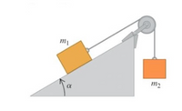 The diagram illustrates a classical physics problem involving a pulley system on an inclined plane. Here are the details:

- **Inclined Plane:** The plane is oriented at an angle \( \alpha \) relative to the horizontal surface.

- **Block \( m_1 \):** This block is placed on the inclined plane. It is depicted as moving up or down the slope, depending on the forces acting on it.

- **Block \( m_2 \):** This block is suspended in the air, connected to \( m_1 \) through a string that goes over the pulley.

- **Pulley:** The pulley is fixed at the top of the inclined plane and allows the string to pass over it. This system helps analyze tension and gravitational forces acting on the blocks.

- **Forces:** The diagram is used to study the forces involved, such as gravitational force on both masses, tension in the string, and the normal force on \( m_1 \).

This setup is commonly used to explore concepts such as Newton’s laws of motion, mechanical advantage, and frictional forces (if friction is considered).