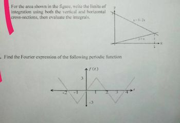 For the area shown in the figure, write the limits of
integration using both the vertical and horizontal
cross-sections, then evaluate the integrals.
. Find the Fourier expression of the following periodic function
3
-3-2x