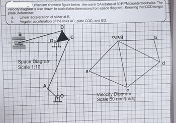 chanism shown in figure below, the crank OA rotates at 60 RPM counterclockwise. The
velocity diagram is also drawn to scale (take dimensions from space diagram). Knowing that QCD is rigid
plate, determine:
a. Linear acceleration of slider at B,
b.
Angular acceleration of the links AC, plate CQD, and BD.
D
Space Diagram
Scale 1:10
A
ES
a
o,p,g
b
Velocity Diagram
Scale 50 mm/(m/s)
d