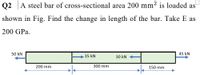 Q2 A steel bar of cross-sectional area 200 mm2 is loaded as
shown in Fig. Find the change in length of the bar. Take E as
200 GPa.
50 kN
45 kN
35 kN
30 kN
200 mm
300 mm
150 mm
