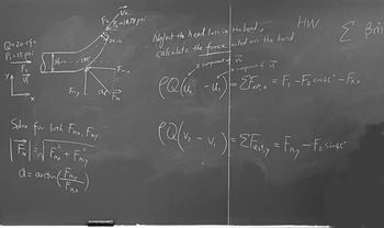 The image contains mathematical notations and diagrams related to fluid dynamics, specifically addressing forces in a bent pipe. Below is a transcription and explanation suitable for an educational website:

---

### Fluid Dynamics: Calculating Forces in a Bent Pipe

**Given Parameters:**
- **Flow Rate (Q):** 20 cubic feet per second (cfs)
- **Pressure at Point 1 (P₁):** 15 psi
- **Pressure at Point 2 (P₂):** 14.78 psi

**Pipe Dimensions and Angle:**
- **Pipe Length:** 36 inches
- **Angle of Bend:** 45°
- **Section Diameter:** Not specified

**Diagram:**
The diagram illustrates a bend in a pipe with horizontal and vertical components of force. The pipe initially extends straight before making a 45° bend. There are forces denoted as **Fₙₓ** and **Fₙᵧ** acting at the bend, with components aligned to the x-axis and y-axis respectively.

**Objective:**
Neglecting head loss in the bend, calculate the force acting on the bend.

**Force Equations:**

- **x-component of force:**

  \[
  \rho Q (u₂ - u₁) = \sum E_{\text{ext}, x} = F₁ - F₂ \cos 45° - F_{N,x}
  \]

- **y-component of force:**

  \[
  \rho Q (v₂ - v₁) = \sum E_{\text{ext}, y} = F_{N,y} - F₂ \sin 45°
  \]

**Solution Approach:**
To determine the resultant force (**|Fₙ|**) and direction (angle α), solve for both **Fₙₓ** and **Fₙᵧ**:

- **Resultant Force:**

  \[
  |F_N| = \sqrt{F_{N,x}^2 + F_{N,y}^2}
  \]

- **Angle (α):**

  \[
  \alpha = \arctan \left(\frac{F_{N,y}}{F_{N,x}}\right)
  \]

These equations and diagram details provide the basis for calculating the forces exerted on a pipe bend, incorporating principles of fluid mechanics and vector components.