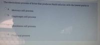 The electrolysis process of brine that produces NaOH solution with the lowest purity is
Oa Mercury cell process
Diaphragm cell process
Membrane cell process
Chemical process
