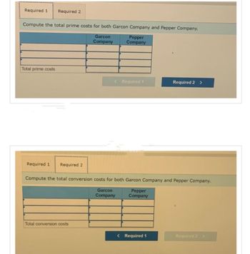 Required 1 Required 2
Compute the total prime costs for both Garcon Company and Pepper Company.
Garcon
Company
Pepper
Company
Total prime costs
Required 1 Required 2
< Required 1
Total conversion costs
Compute the total conversion costs for both Garcon Company and Pepper Company.
Garcon
Company
Pepper
Company
Required 2 >
< Required 1
Required 2 >