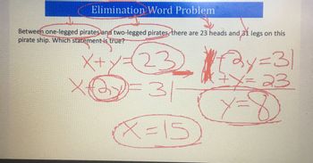 Elimination Word Problem
Between one-legged pirates and two-legged pirates, there are 23 heads and 31 legs on this
pirate ship. Which statement is true?
X+Y
хра
23
31
(X=15)
3y=31
23
x=8