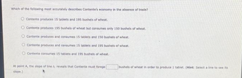 Which of the following most accurately describes Contente's economy in the absence of trade?
O Contente produces 15 tablets and 195 bushels of wheat.
O Contente produces 195 bushels of wheat but consumes only 150 bushels of wheat.
O Contente produces and consumes 15 tablets and 150 bushels of wheat.
O Contente produces and consumes 15 tablets and 195 bushels of wheat.
O Contente consumes 15 tablets and 195 bushels of wheat
At point A, the slope of line f, reveals that Contente must forego
slope.)
bushels of wheat in order to produce 1 tablet. (Hint: Select a line to see its