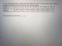 For the cash flows below, determine the amount in year 1, if the annual worth in years 1
through 9 is $4000 and the interest rate is 12% per year.
Year
1
4
6.
7
8
9.
Cash,
$1000
A
A+40 A+80
A+120 A+160 A+200 A+240 A+280 A+320
The amount in year 1 is $
es
