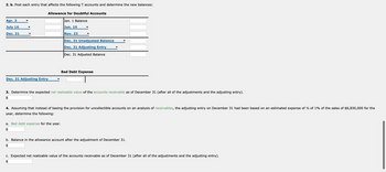 2. b. Post each entry that affects the following T accounts and determine the new balances:
Apr. 3
July 16
Dec. 31
Allowance for Doubtful Accounts
Jan. 1 Balance
Jan. 19
Nov. 23
Dec. 31 Unadjusted Balance
Dec. 31 Adjusting Entry
Dec. 31 Adjusted Balance
Bad Debt Expense
Dec. 31 Adjusting Entry
3. Determine the expected net realizable value of the accounts receivable as of December 31 (after all of the adjustments and the adjusting entry).
$
4. Assuming that instead of basing the provision for uncollectible accounts on an analysis of receivables, the adjusting entry on December 31 had been based on an estimated expense of ½ of 1% of the sales of $6,830,000 for the
year, determine the following:
a. Bad debt expense for the year.
$
b. Balance in the allowance account after the adjustment of December 31.
$
c. Expected net realizable value of the accounts receivable as of December 31 (after all of the adjustments and the adjusting entry).