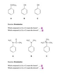 C(CH3)3
CN
OH
A
в
Reaction: Bromination
Which compound (A, B, or C) reacts the fastest?
Which compound (A, B, or C) reacts the slowest?
CH3
H3C
||
H3C
CH3
'N-C-CH3
'N'
H3C-N-CH3
A
B
Reaction: Bromination
Which compound (A, B, or C) reacts the fastest?
Which compound (A, B, or C) reacts the slowest?|
