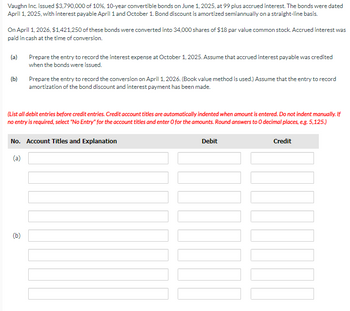 Vaughn Inc. issued $3,790,000 of 10%, 10-year convertible bonds on June 1, 2025, at 99 plus accrued interest. The bonds were dated
April 1, 2025, with interest payable April 1 and October 1. Bond discount is amortized semiannually on a straight-line basis.
On April 1, 2026, $1,421,250 of these bonds were converted into 34,000 shares of $18 par value common stock. Accrued interest was
paid in cash at the time of conversion.
(a)
(b)
Prepare the entry to record the interest expense at October 1, 2025. Assume that accrued interest payable was credited
when the bonds were issued.
Prepare the entry to record the conversion on April 1, 2026. (Book value method is used.) Assume that the entry to record
amortization of the bond discount and interest payment has been made.
(List all debit entries before credit entries. Credit account titles are automatically indented when amount is entered. Do not indent manually. If
no entry is required, select "No Entry" for the account titles and enter O for the amounts. Round answers to O decimal places, e.g. 5,125.)
No. Account Titles and Explanation
Debit
Credit
(a)
(b)