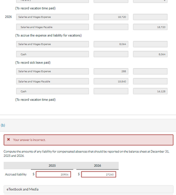 2026
(b)
(To record vacation time paid)
Salarles and Wages Expense
Salarles and Wages Payable
(To accrue the expense and liability for vacations)
Salarles and Wages Expense
Cash
(To record sick leave paid)
Salarles and Wages Expense
Salarles and Wages Payable
Cash
(To record vacation time paid)
* Your answer is incorrect.
Accrued liability
$
e Textbook and Media
2025
20904
$
69
Compute the amounts of any liability for compensated absences that should be reported on the balance sheet at December 31,
2025 and 2026.
2026
18,720
27240
8,064
288
15,840
18,720
8,064
16,128