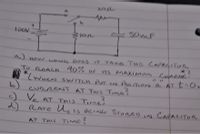 ### Circuit Analysis Problem

This problem involves analyzing the behavior of a capacitor in an electrical circuit. The diagram shows a series circuit containing a 100V DC power source, a 10Ω resistor, and a 50mF capacitor. A switch is present, and it can be toggled between positions "a" and "b".

#### Questions:

a) **How long does it take the capacitor to reach 90% of its maximum charge?**
   - This is when the switch is put in position "a" at t=0.

b) **What is the current at this time?**

c) **What is \(V_R\) (Voltage across the resistor) at this time?**

d) **What is the rate \(U_C\) at which energy is being stored in the capacitor at this time?**

Consider the following for solving the problem:
- When the switch is in position "a," the charging process for the capacitor begins. 
- Use the formula for the charging of a capacitor in an RC circuit:
  \[
  V(t) = V_{\text{max}}(1 - e^{-t/RC})
  \]
  where \(V_{\text{max}}\) is the maximum voltage (100V), \(R\) is the resistance, \(C\) is the capacitance, and \(t\) is time.
- The current \(I(t)\) can be found using \(I(t) = \frac{V_{\text{max}}}{R} e^{-t/RC}\).
- The voltage across the resistor at any time \(t\) is \(V_R(t) = I(t) \times R\).
- The energy stored in the capacitor as a function of time can be calculated using \(U_C(t) = \frac{1}{2} C V(t)^2\).