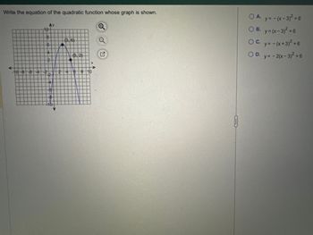 Write the equation of the quadratic function whose graph is shown.
Ay
10
8
(3,6
+
08842b
(5, 2)
810
X
E
○ A. y=-(x-3)²+6
○ B. y = (x-3)²+6
y=
○ C. y=-(x+3)²+6
OD. y= -2(x-3)²+6