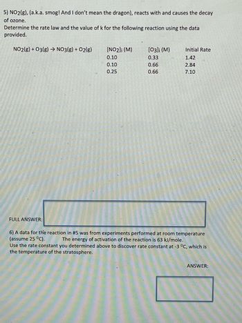 5) NO2(g), (a.k.a. smog! And I don't mean the dragon), reacts with and causes the decay
of ozone.
Determine the rate law and the value of k for the following reaction using the data
provided.
NO2(g) +03(g) → NO3(g) + O2(g)
[NO2]i (M)
[03]i (M)
Initial Rate
0.10
0.33
1.42
0.10
0.66
0.25
0.66
2.84
7.10
FULL ANSWER:
6) A data for the reaction in #5 was from experiments performed at room temperature
(assume 25 °C). The energy of activation of the reaction is 63 kJ/mole.
Use the rate constant you determined above to discover rate constant at -3 °C, which is
the temperature of the stratosphere.
ANSWER: