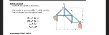 Problem Statement
Based on Problem 6-41 from the textbook.
Determine the force members BC, FC, and FE and state
if the members are in tension or compression.
P1=5.9kN
P2=3.0KN
a=2.0m
b=2.5m
Unique Values for Each Student:
B
P₂
D
b