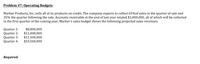 Problem #7: Operating Budgets
Marker Products, Inc. sells all of its products on credit. The company expects to collect 65%of sales in the quarter of sale and
35% the quarter following the sale. Accounts receivable at the end of last year totaled $3,000,000, all of which will be collected
in the first quarter of the coming year. Marker's sales budget shows the following projected sales revenues:
Quarter 1:
Quarter 2:
Quarter 3:
Quarter 4:
$8,800,000
$11,000,000
$11,440,000
$10,560,000
Required:
