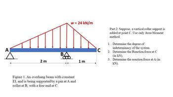 A
2 m
B
w = 24 kN/m
Figure 1. An overhang beam with constant
EI, and is being supported by a pin at A and
roller at B, with a free end at C.
1m
C
Part 2: Suppose, a vertical roller support is
added at point C. Use only Area-Moment
method.
1. Determine the degree of
indeterminacy of the system.
2. Determine the Reaction force at C
(in kN).
3. Determine the reaction force at A (in
KN).