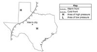 Key
s0a. Warm front
aaa. Cold front
H Area of high pressure
L Area of low pressure
H
Alex's city
H
