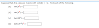Suppose that B is a square matrix with det(B) = -2. Find each of the following.
(a) det(B6) =
(b) det(B4) =
(c) det(BBT)
(d) det((B-1)5) =
