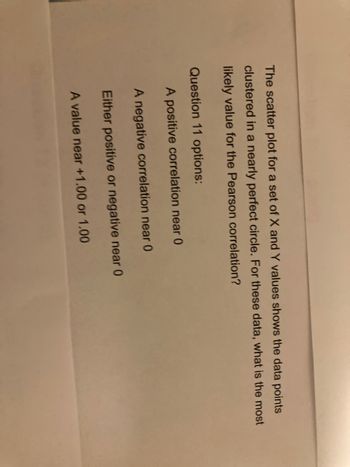 The scatter plot for a set of X and Y values shows the data points
clustered in a nearly perfect circle. For these data, what is the most
likely value for the Pearson correlation?
Question 11 options:
A positive correlation near 0
A negative correlation near 0
Either positive or negative near 0
A value near +1.00 or 1.00