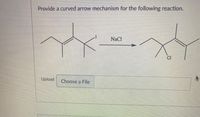 **Curved Arrow Mechanism for the Reaction**

In this reaction, you are asked to provide a curved arrow mechanism for the given chemical transformation. The reactant is a compound with an iodine (I) atom, and it reacts with sodium chloride (NaCl) to produce a compound where chlorine (Cl) is substituted in place of iodine.

### Reaction Steps:

1. **Reactant Description**: The starting material is an organic compound with an iodide group attached to a carbon atom. The structure shows three carbon branches.

2. **Reaction Process**: 
   - The iodide ion (I-) will leave, forming a carbocation intermediate. 
   - The chloride ion (Cl-) from NaCl will then attack the carbocation, replacing the iodine with chlorine.

3. **Product Description**: The final product is similar to the original compound, except the iodine atom has been replaced by a chlorine atom.

### Explanation:

- **Curved Arrows**: Use curved arrows to show the movement of electrons. 
  - One arrow should depict the departure of the iodine atom, indicating the formation of the carbocation.
  - Another arrow should show the attack of the chloride ion on the carbocation, leading to the substitution.

This kind of reaction illustrates a typical nucleophilic substitution process in organic chemistry, specifically an SN1 mechanism, where the leaving group departs before the nucleophile attacks.