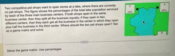 Two competitive pet shops want to open stores at a lake, where there are currently
no pet shops. The figure shows the percentages of the total lake population serviced
by each of the three main business centers. If both shops open in the same
business center, then they split all the business equally; if they open in two
different centers, then they each get all the business in the center in which they open
plus half the business in the third center. Where should the two pet shops open? Set
up a game matrix and solve.
Setup the game matrix. Use percentages.
***
C
10%
A
40%
B