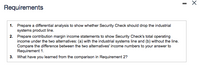 Requirements
1. Prepare a differential analysis to show whether Security Check should drop the industrial
systems product line.
2. Prepare contribution margin income statements to show Security Check's total operating
income under the two alternatives: (a) with the industrial systems line and (b) without the line.
Compare the difference between the two alternatives' income numbers to your answer to
Requirement 1.
3. What have you learned from the comparison in Requirement 2?
