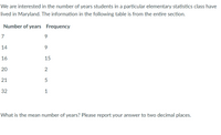 We are interested in the number of years students in a particular elementary statistics class have
lived in Maryland. The information in the following table is from the entire section.
Number of years Frequency
7
14
16
15
20
2
21
32
1
What is the mean number of years? Please report your answer to two decimal places.
