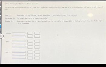 Entries for receipt and dishonor of note receivable
Journalize the following transactions of Trapper Jon's Productions. Assume 360 days in a year. If an amount box does not require an entry, leave it
blank.
June 23.
September 21.
October 21.
June 23
Sept. 21
Oct. 21
Received a $48,000, 90-day, 8% note dated June 23 from Radon Express Co. on account.
The note is dishonored by Radon Express Co.
Received the amount due on the dishonored note plus interest for 30 days at 10% on the total amount charged to Radon Express
Co. on September 21.
00 000 000
000.000 00