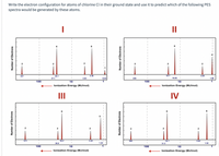 Write the electron configuration for atoms of chlorine Cl in their ground state and use it to predict which of the following PES
spectra would be generated by these atoms.
II
347
29.1
2.38
2.05
37.1
3.93
0,42
239
16.05
100
10
100
10
lonization Energy (MJ/mol)
lonization Energy (MJ/mol)
II
IV
273
20.2
2.44
24.1
2.82
26.8
1.25
31.5
1.52
100
10
100
10
lonization Energy (MJ/mol)
lonization Energy (MJ/mol)
Number of Electrons
Number of Electrons
Number of Electrons
Number of Electrons
