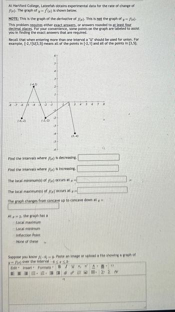 At Hartford College, Lateefah obtains experimental data for the rate of change of
f(z). The graph of y=f(z) is shown below.
NOTE: This is the graph of the derivative of f(a). This is not the graph of y=f(x).
This problem requires either exact answers, or answers rounded to at least four
decimal places. For your convenience, some points on the graph are labeled to assist
you in finding the exact answers that are required.
Recall that when entering more than one interval a "U" should be used for union. For
example, [-2,1]U[3,5] means all of the points in [-2,1] and all of the points in [3,5].
(-42)
8 7 6 5 4 3 2 -1
(-6,-2)
(-2,-2)
6
At z=2, the graph has a
Local maximum
Local minimum
Inflection Point
None of these
5-
4-
3
2
-2-
-3-
-4
-5-
-6+
34
(3,-4)
$
1
6
78
Find the intervals where f(z) is decreasing.
Find the intervals where f(z) is increasing.
The local minimum(s) of f(z) occurs at a
The local maximum(s) of f(z) occurs at =
The graph changes from concave up to concave down at =
a
Suppose you know f(-4)-9. Paste an image or upload a file showing a graph of
y=f(z) over the interval 63.
Edit Insert Formats
AAYO
BIUX, X
···
Ο ο - ΣΣΑ