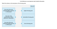Use the References to access important values if needed for this question.
Match the solutions to the descriptions of the freezing points.
Clear All
One mole of the ionic
compound NiBr2 dissolved
in 1000 g H20
highest freezing point
One mole of the
nonelectrolyte C3 H3 O
dissolved in 1000 g H2O
intermediate freezing point
One mole of the ionic
compound NaOH dissolved
in 1000 g H20
lowest freezing point
