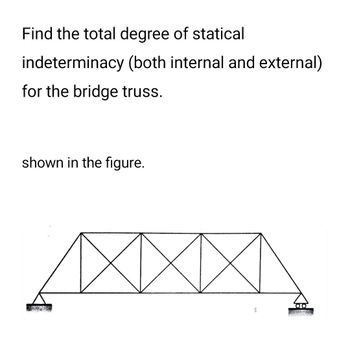 Find the total degree of statical
indeterminacy (both internal and external)
for the bridge truss.
shown in the figure.