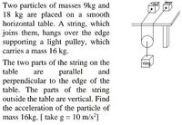 18kg
Two particles of masses 9kg and
18 kg are placed on a smooth
horizontal table. A string, which
joins them, hangs over the edge
supporting a light pulley, which
carries a mass 16 kg.
The two parts of the string on the
table
16kg
are
parallel
and
perpendicular to the edge of the
table. The parts of the string
outside the table are vertical. Find
the acceleration of the particle of
mass 16kg. [ take g = 10 m/s2]
