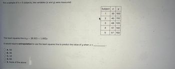 For a sample of n = 5 subjects, two variables (x and y) were measured:
The least squares line is y = 38.915 +1.882x
It would require extropolation to use the least squares line to predict the value of y when x =
OA. 56
OB. 36
OC. 34
OD. 66
OE. None of the above
Subject x Y
1
30 100
2
3
4
40 110
48 120
51 140
5 57 150
