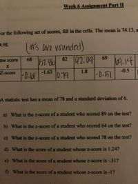 Week 6 Assignment Part II
For the following set of scores, fill in the cells. The mean is 74.13, a
9.98.
#s ave vounded)
142.09 69
109.14
68
51.6
-0.61
0.79
aw score
1.8
-0.5
-0.51
Z-score
-1.63
A statistic test has a mean of 78 and a standard deviation of 6.
a) What is the z-score of a student who scored 89 on the test?
b) What is the z-score of a student who scored 64 on the test?
c) What is the z-score of a student who scored 78 on the test?
d) What is the score of a student whose z-score is 1.24?
e) What is the score of a student whose z-score is -.31?
f) What is the score of a student whose z-score is -1?
