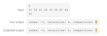 Input
Your output
Expected output
8
10 15 20 25 30 35 40 45
50
CO
index: -1, recursions: 4, comparisons: 6
index: 1, recursions: 4, comparisons: