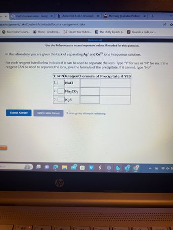 anc X G CuO chemical name - Goog x b Answered: A 30.7 ml sample X
akeAssignment/takeCovalentActivity.do?locator-assignment-take
ed
arch
Free Online Survey...
Home - Academia... Create Your Rubric...
Submit Answer
2.
3.
Use the References to access important values if needed for this question.
In the laboratory you are given the task of separating Ag* and Co2+ ions in aqueous solution.
For each reagent listed below indicate if it can be used to separate the ions. Type "Y" for yes or "N" for no. If the
reagent CAN be used to separate the ions, give the formula of the precipitate. If it cannot, type "No"
Retry Entire Group
Y or N Reagent Formula of Precipitate if YES
1.
NaCl
Na₂CO3
M
[References]
K₂S
Mathway | Calculus Problem X
The Utility Experts... g1 Quando a rede soci...
8 more group attempts remaining
+
EE
V
4x