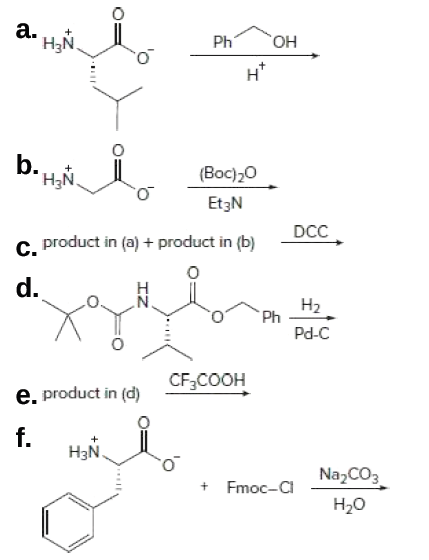 a.
H3N.
Ph
Он
н*
b.
H;N.
(Boc)20
Et3N
DCC
C. product in (a) + product in (b)
d.
H2
Ph
Pd-C
CF3COOH
e. product in (d)
f.
H3N.
NazCO3
+ Fmoc-CI
Н.о
