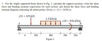 1. For the simply supported beam shown in Fig. 1, calculate the support reactions, write the shear
force and bending moment expressions for each section, and sketch the shear force and bending
moment diagrams indicating all salient points. Given: a = (1.1 + S/20) m.
(21 + S/5) kN
1.5 kN/m
(18 + S/8) kNm
В
2m
4m
2m
2m
Figure 1
